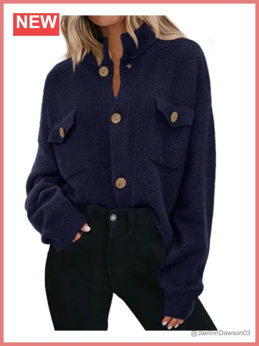 Chunky Knit Button Up Cardigan Mock Neck Loose Fit Sweater Coat